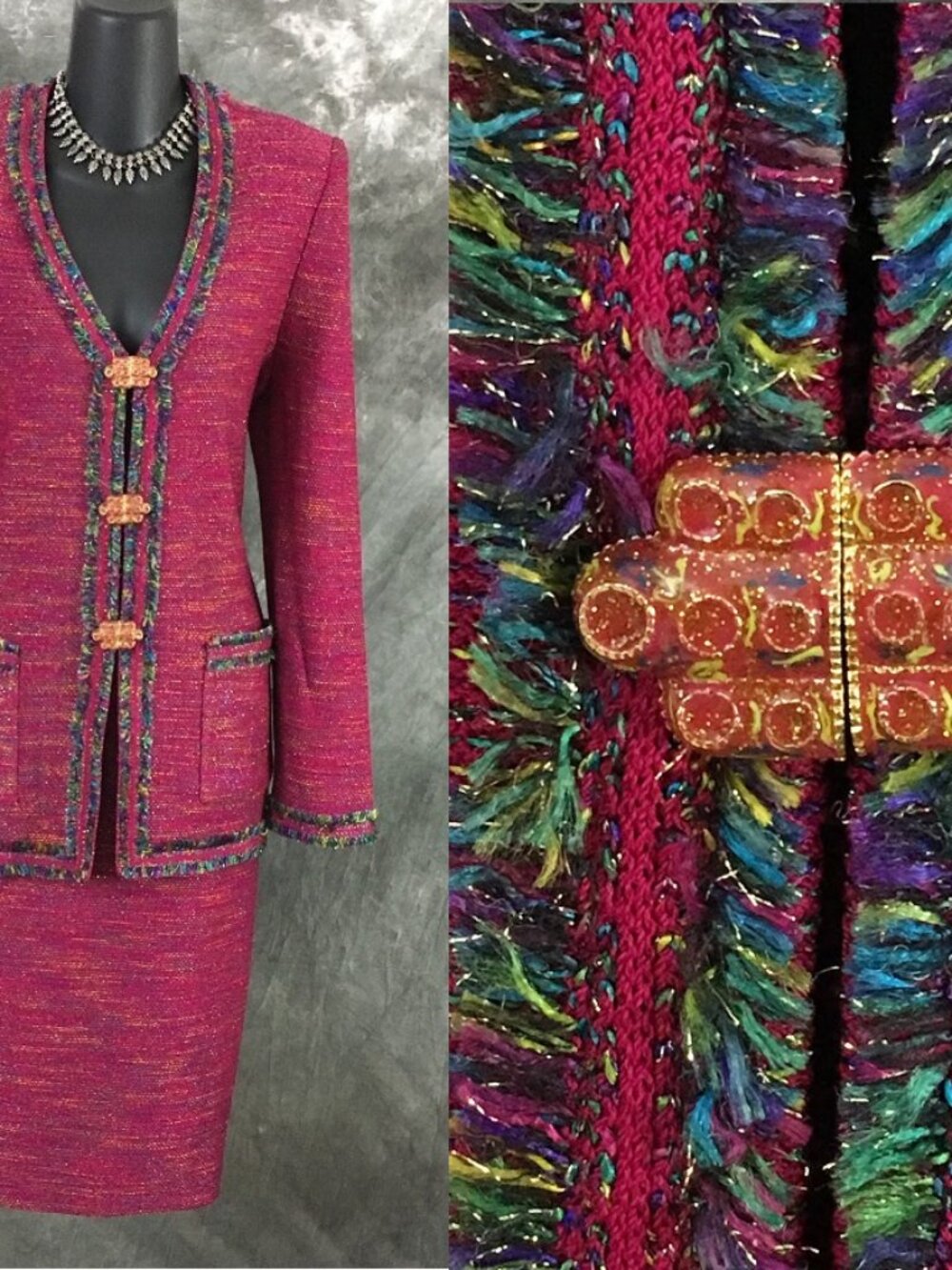 BEAUTIFUL St John collection knit pink blue shimmer multi skirt suit 10 12